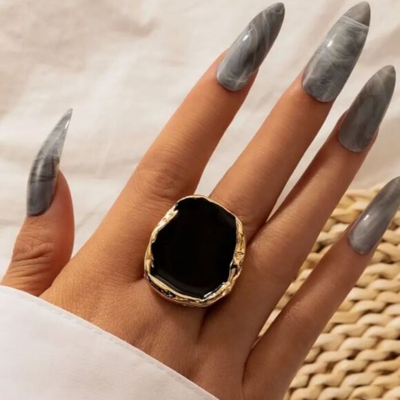 Private Label Jewelry - NEW 18K Gold Plated Black Enamel Chunky Statement Ring